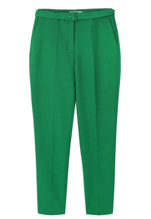 Green trousers made of textured fabric, featuring a fitted waist with belt loops, a matching belt, and a tapered leg design with pleats.