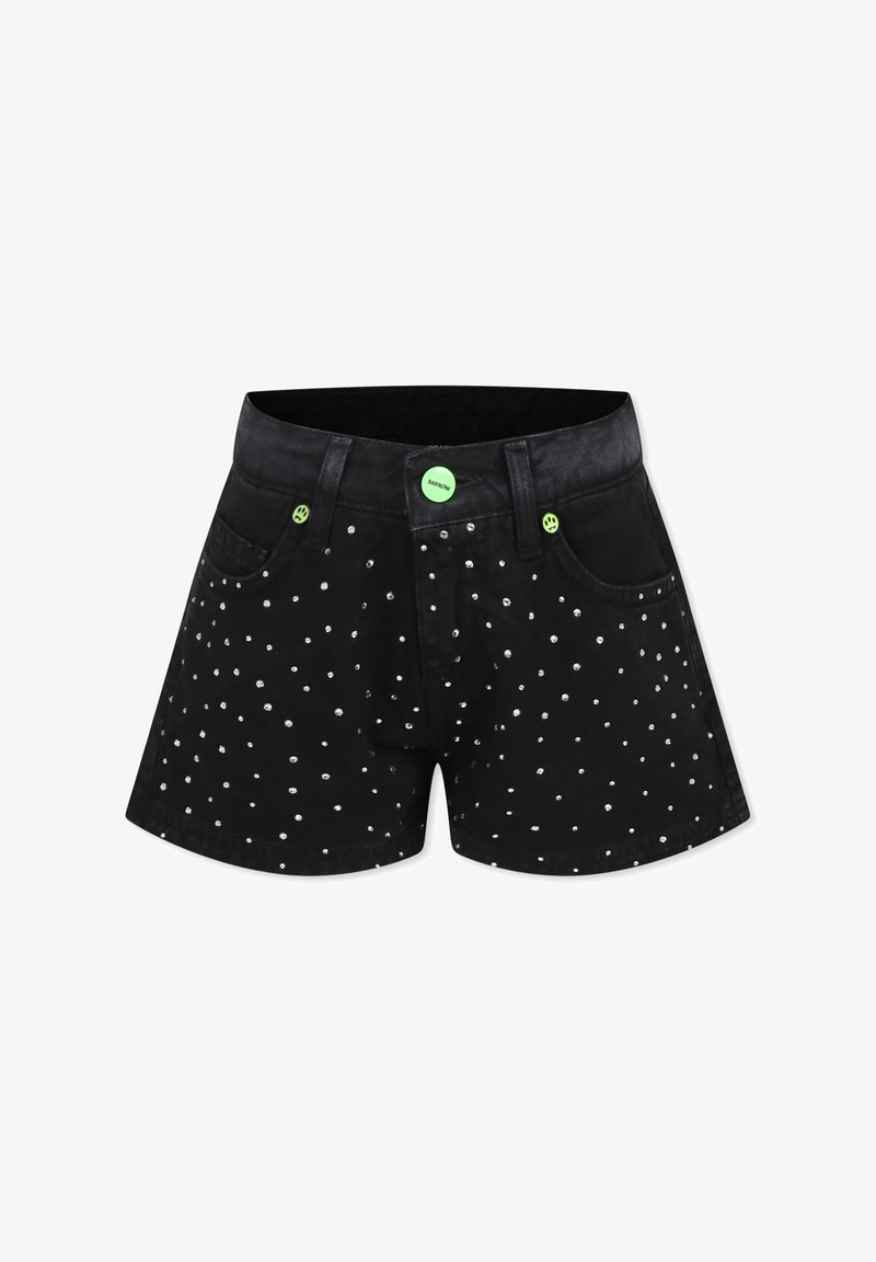 Sorte shorts med slim fit, prydet med sølv punktmønster, forlommer og en grøn knap med et smilende ansigt som accent.