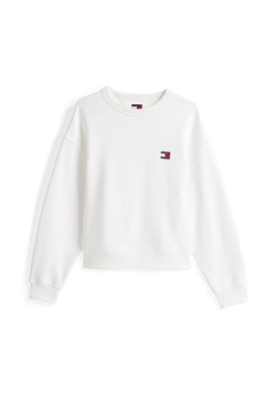 Valkoinen pitkähihaisen pyöreäkauluksinen collegepaita, jossa resorireunat hihoissa ja helmassa sekä pieni punainen, valkoinen ja tummansininen Tommy Jeans -logo rinnassa.