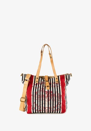 Leinwand-Shopper mit schwarzen und weißen vertikalen Streifen, roten Akzenten, Griffen aus braunem Leder und einem vintage-inspirierten Text- und Grafikdesign.