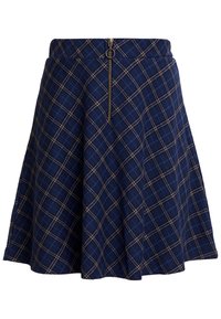 Marineblauwe geruite rok met een uitlopende snit, voorzien van een rits aan de voorkant, een gestructureerde tailleband en een contrasterend wit en beige rasterpatroon.