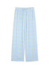 Pantaloni da pigiama a righe blu e bianche con vestibilità rilassata, caratterizzati da un motivo di piccoli fiori gialli su un tessuto leggero.