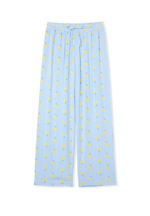 Pantaloni da pigiama a righe blu e bianche con vestibilità rilassata, caratterizzati da un motivo di piccoli fiori gialli su un tessuto leggero.