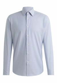 Camicia a maniche lunghe blu e bianca a righe, con colletto a punta, bottoni bianchi e tessuto di cotone liscio.