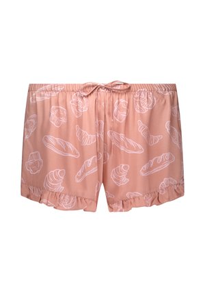 Rosa shorts med snøring i livet, med et hvitt bakgrunnsmønster av bakverk. Designet inkluderer volangkanter for ekstra detalj.