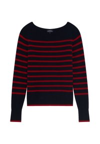 Marineblauer Strickpullover mit roten horizontalen Streifen, Rundhalsausschnitt, langen Ärmeln und gerippten Bündchen und Saum. Weiche Textur mit lässigem Design.