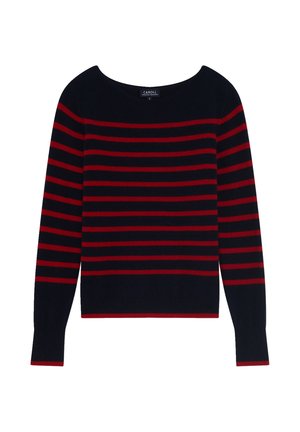 Maglione a maglia blu navy con strisce orizzontali rosse, scollo rotondo, maniche lunghe e polsini e orlo a coste. Tessuto morbido con un design informale.