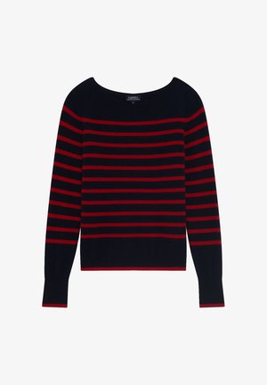 Maglione a maglia blu navy con strisce orizzontali rosse, scollo rotondo, maniche lunghe e polsini e orlo a coste. Tessuto morbido con un design informale.