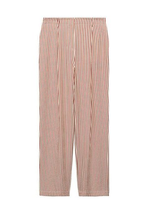 Pantalones de rayas rojas y blancas con un corte holgado, que presentan una cintura alta y piernas rectas. Fabricados en un tejido ligero.