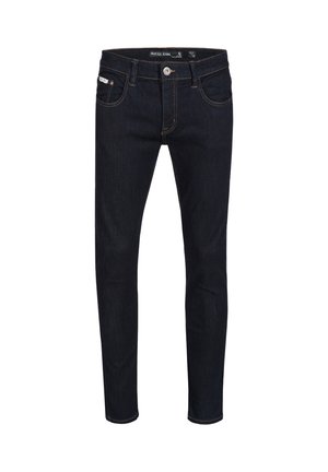 Jeans de mezclilla índigo oscuro con corte ajustado, que cuentan con cinco bolsillos, un cierre frontal con botones y costuras de contraste. Diseño limpio sin embellishments.