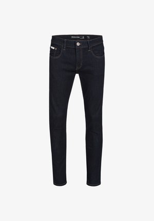 Dark indigo denim jeans with a slim fit, featuring five pockets, a front button closure, and contrast stitching. Clean design with no embellishments.