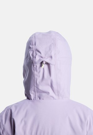 Light purple hooded jacket with a smooth, matte texture; features a drawstring at the neck and a side pocket near the seam.