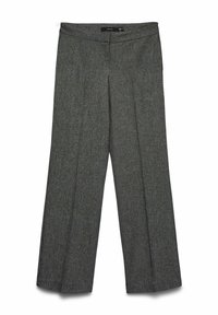 Grå vidbukse laget av teksturert stoff, med flat front, ingen synlige lommer og en jevn midjebånd.