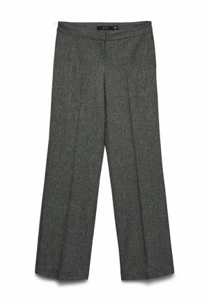 Pilkos plačios kelnės iš tekstūruotos medžiagos, su plokščia priekyje, be matomų kišenių ir lygiu juosmeniu.