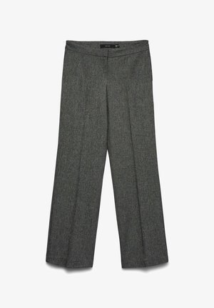 Pantaloni grigi a gamba larga in tessuto strutturato, caratterizzati da un davanti piatto, senza tasche visibili e con una cintura liscia.