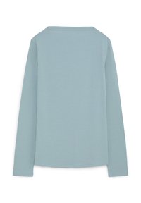 Maglietta a maniche lunghe di colore azzurro chiaro, realizzata in tessuto morbido. Presenta un colletto rotondo e una vestibilità comoda con orli cuciti. Nessun motivo o dettaglio decorativo.