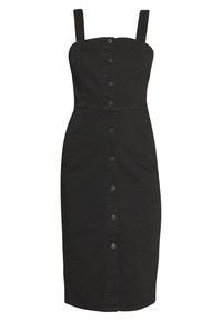 Czarna midi sukienka bez rękawów z zamkiem zapinanym z przodu oraz kwadratowym dekoltem, dopasowanym w pasie i prostym kroju.