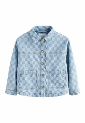 Hellblaues Jeansjacke mit karierter Muster, Knopfverschluss und zwei vorderen Taschen. Verfügt über einen klassischen Kragen und lange Ärmel.