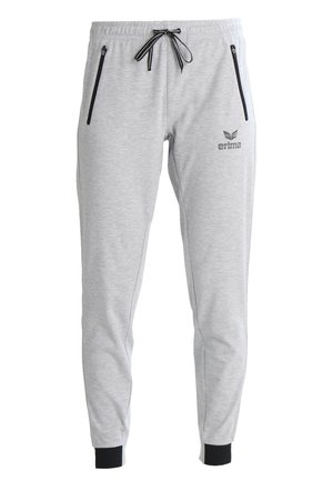 Pantaloni grigi in felpa con tasche con zip nere, vita elastica e polsini. Presenta un logo sul davanti. Realizzati in materiale morbido e confortevole.
