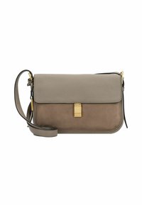 Borsa a tracolla grigia in pelle con design strutturato, dettagli in morbido suede, hardware in tonalità oro e tracolla rimovibile.