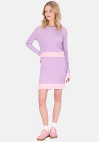 Geripptes Strickkleid in Lavendel und Pink mit langen Ärmeln, tailliertem Schnitt und kontrastierenden Saumakzenten. Weiche Textur und lässiger Stil.