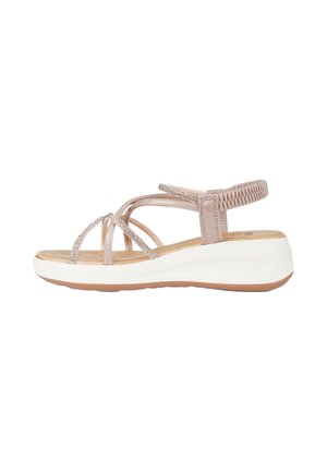 Sandalo con zeppa rosa chiaro con sottili cinturini incrociati e cinturino elastico sul retro, soletta imbottita e suola bianca con battistrada marrone.