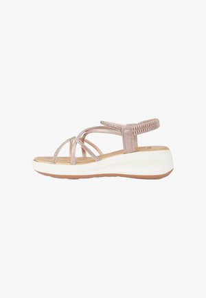 Sandalo con zeppa rosa chiaro con sottili cinturini incrociati e cinturino elastico sul retro, soletta imbottita e suola bianca con battistrada marrone.
