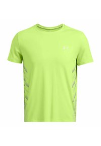 Camiseta deportiva de manga corta en verde neón con cuello redondo y un sutil patrón a rayas en los lados. Fabricada con tejido ligero y transpirable.
