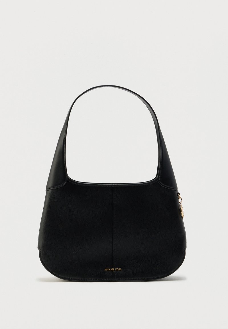 Fekete bőr válltáska lekerekített formával, rövid fogantyúval és minimalista dizájnnal. Finom textúrával és arany logó díszítéssel rendelkezik.