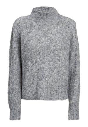 Maglione grigio lavorato a maglia con motivo a trecce, collo alto, maniche lunghe e polsini e orlo a costine.
