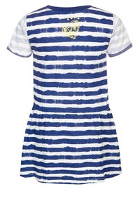 Dziecięca sukienka z krótkim rękawem w granatowo-białe poziome paski, z marszczoną talią i małym żółtym sercem blisko dekoltu.