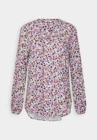 Bloes met lange mouwen in bloemenprint, met een veelkleurig ontwerp op een lichte achtergrond. Gemaakt van lichtgewicht, semi-doorzichtig stof met een knoopsluiting aan de voorkant.