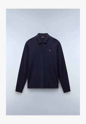 Long-sleeve navy blue polo shirt made of cotton. Features a three-button placket and a small embroidered logo on the chest.