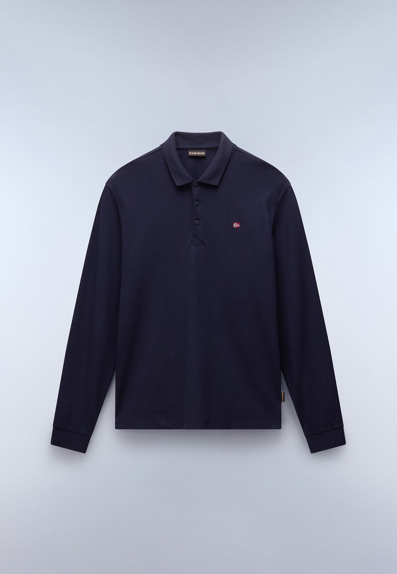 Langärmliges Polohemd in Marineblau aus Baumwolle. Mit einer Dreiknopf-Leiste und einem kleinen gestickten Logo auf der Brust.