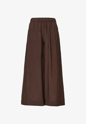 Bruine wijde broek met een elastische tailleband, gemaakt van geplisseerde stof, met een gladde textuur en een relaxte pasvorm.