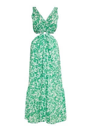 Maxikleid in grün-weißer Blumenmusterung, mit V-Ausschnitt, gerafftem Oberteil und tailliertem Schnitt mit einem runden Akzent.