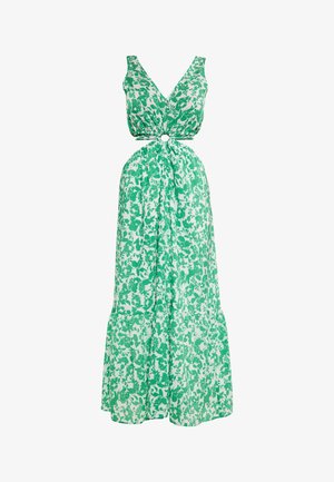 Maxikleid in grün-weißer Blumenmusterung, mit V-Ausschnitt, gerafftem Oberteil und tailliertem Schnitt mit einem runden Akzent.