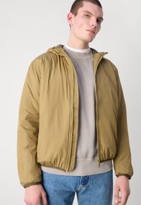 Khakifarbene Bomberjacke mit einer Nylonaußenfläche, elastischen Bündchen und Saum. Kombiniert mit einem hellgrauen Sweatshirt und blauen Jeans.
