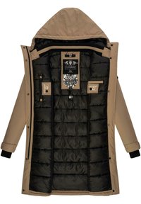 Long, khaki outerwear jacket with a hood, featuring a black quilted interior. Includes pockets and distinct brand tags on the lining.