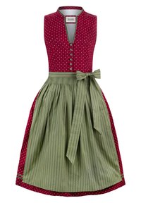 Traditional dress with a fitted burgundy bodice featuring white polka dots, a deep neckline, and a green striped skirt with a bow accent.
