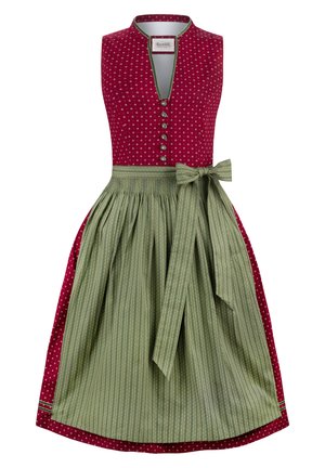 Traditionelles Kleid mit einem taillierten burgunderfarbenen Oberteil, das mit weißen Punkten verziert ist, einem tiefen Ausschnitt und einem grün gestreiften Rock mit einer Schleifen-Akzent.