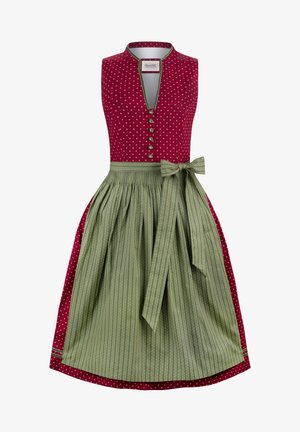 Traditionelles Kleid mit einem taillierten burgunderfarbenen Oberteil, das mit weißen Punkten verziert ist, einem tiefen Ausschnitt und einem grün gestreiften Rock mit einer Schleifen-Akzent.