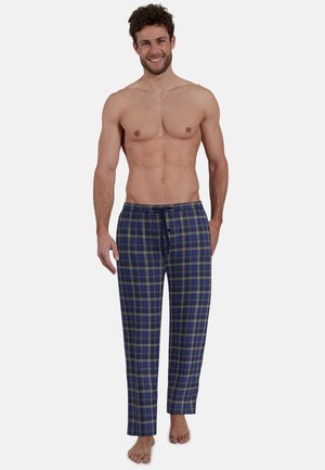 Blue and green plaid pajama pants made of soft cotton, featuring an elastic waistband with a drawstring and a straight-leg design.