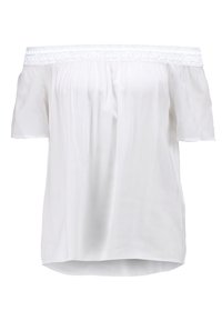 Top blanco sin mangas fabricado en tejido ligero, con mangas cortas y un diseño fruncido en el escote. Textura suave, corte relajado.