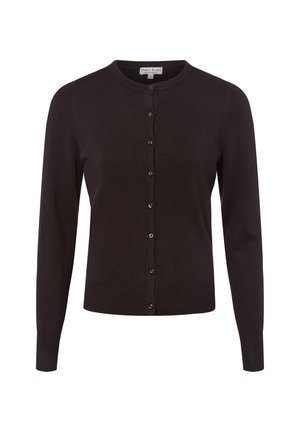 Schwarze Strickjacke mit rundem Ausschnitt, langen Ärmeln und einer Fünf-Knopf-Frontverschluss; mit gerippten Bündchen und Saum.