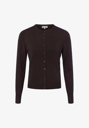 Czarny, dziany kardigan z okrągłym dekoltem, długimi rękawami oraz zapięciem na pięć guzików z przodu; posiada ściągacze na mankietach i u dołu.