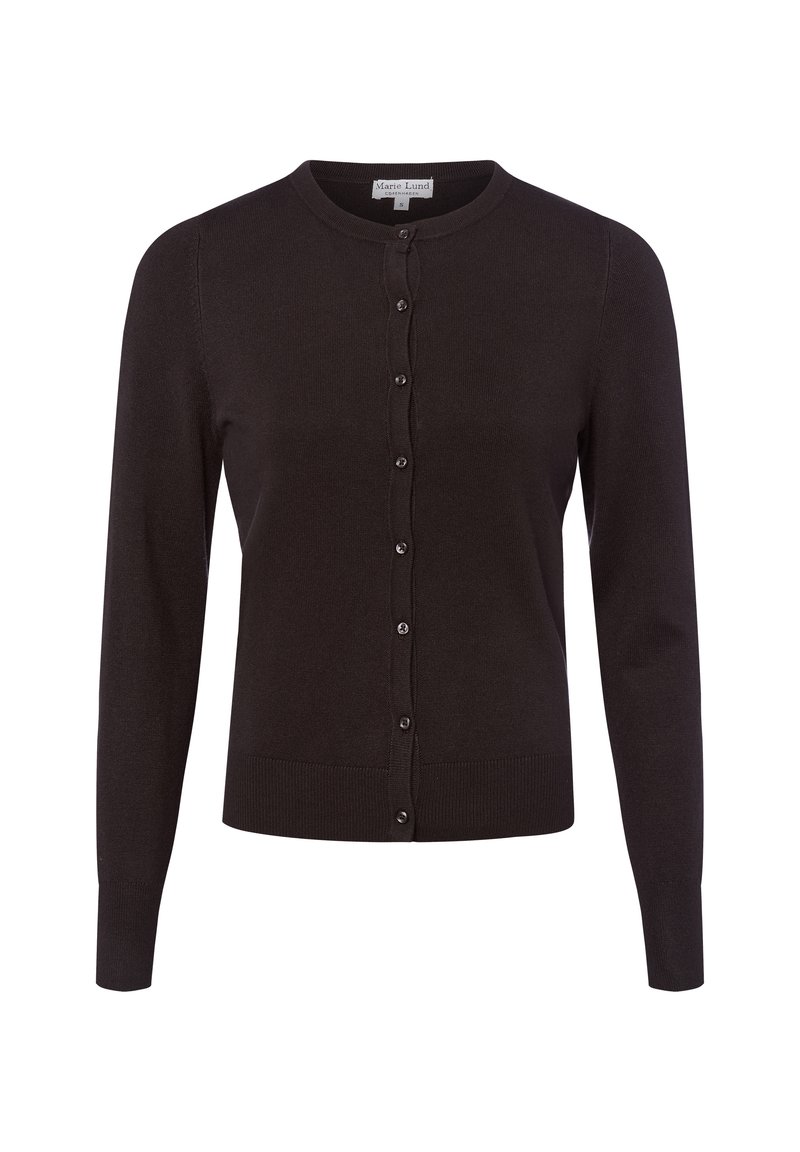 Czarny, dziany kardigan z okrągłym dekoltem, długimi rękawami oraz zapięciem na pięć guzików z przodu; posiada ściągacze na mankietach i u dołu.