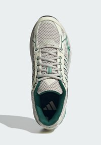 Light-colored athletic shoe with mesh upper, green accents, and gray laces. Features a padded collar, textured sole, and iconic logo detail.