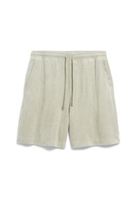 Lichtgroene katoenen shorts met een elastische tailleband, trekkoord en twee zijzakken; zachte textuur met een gladde afwerking.