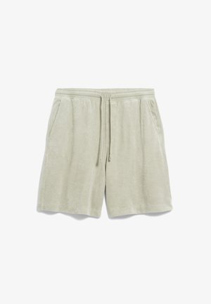Hellgrüne Baumwollshorts mit elastischem Bund, Kordelzug und zwei Seitentaschen; weiche Textur mit glatter Oberfläche.